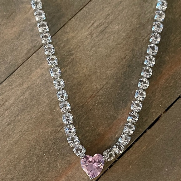 Pink Heart Gemstone, Simulated Cz Rhinestone Tennis, Bridal, Glamorous Necklace - Picture 7 of 15